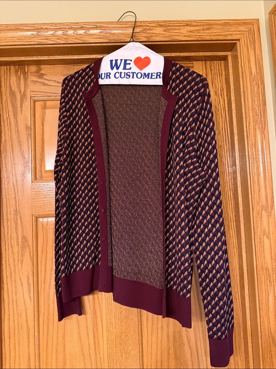 Ann Taylor Sweaters - Ann Taylor Burgundy and Tan/Gold Patterned Open Cardigan